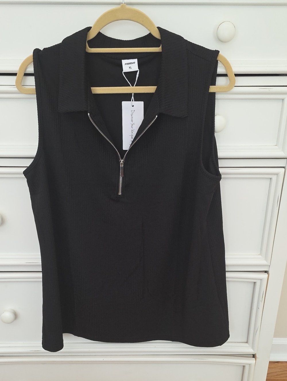 Sleeveless Ribbed Zip Polo Tank Top - Black NWT
